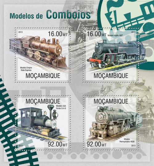 Mozambique - 2013 Trains on Stamps - 4 Stamp Mint Sheet - 13A-1240