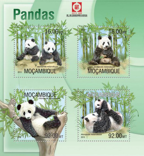 Mozambique - 2013 Pandas on Stamps - 4 Stamp Mint Sheet - 13A-1256