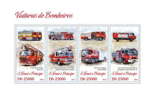 St. Thomas - Fire Engines - Rear Mount Ladder 4 Stamp Sheet - ST13315a