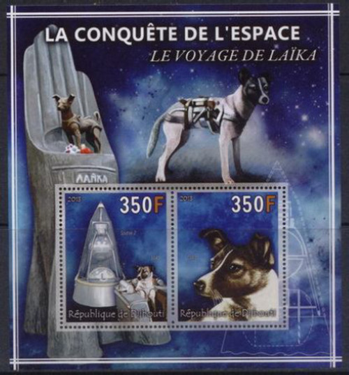 Djibouti - 2013 Laika on Stamps - 2 Stamp Mint Sheet - 4B-033