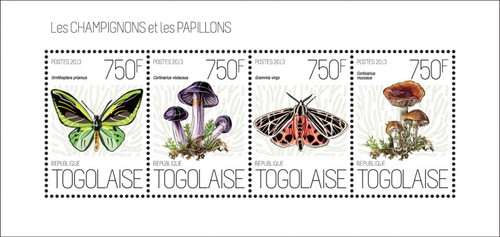Togo - Mushrooms - Butterflies, 4 Stamp Sheet - 20H-683 Togo - Mushrooms - Butterflies, 4 Stamp Sheet - 20H-683