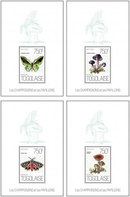 Togo - Mushrooms - Butterflies - Grammia virgo - 4 Sheetlet Set - 20H-685