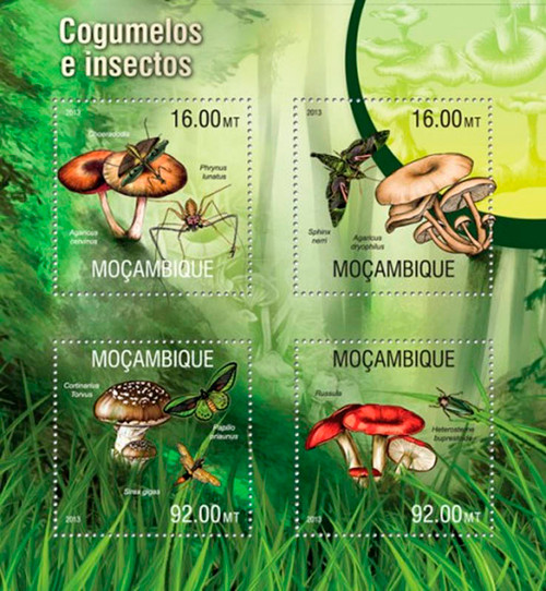 Mozambique - 2013 Mushrooms and Insects Mint 4 Stamp Sheet 13A-1286