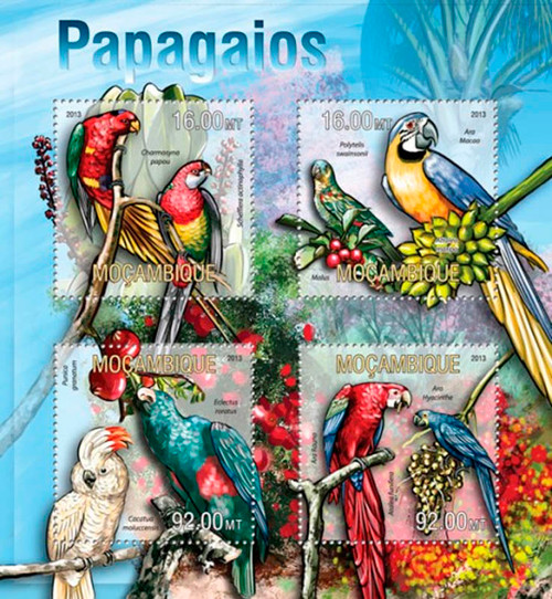 Mozambique-2013 Parrots on Stamps Mint 4 Stamp Sheet  13A-1288