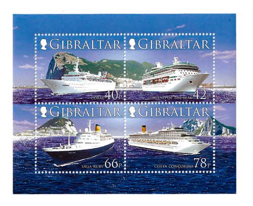 Gibraltar Wholesale 10 ea Cruise Ships 4 Stamp Sheet Below Face #1055a