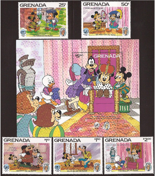 Grenada - 1985 Disney "Prince & the Pauper" 5 Stamp Set + S/S 7J-012