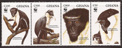 Ghana - 1994 WWF & Diana Monkeys - 4 Stamp Strip - 7K-003