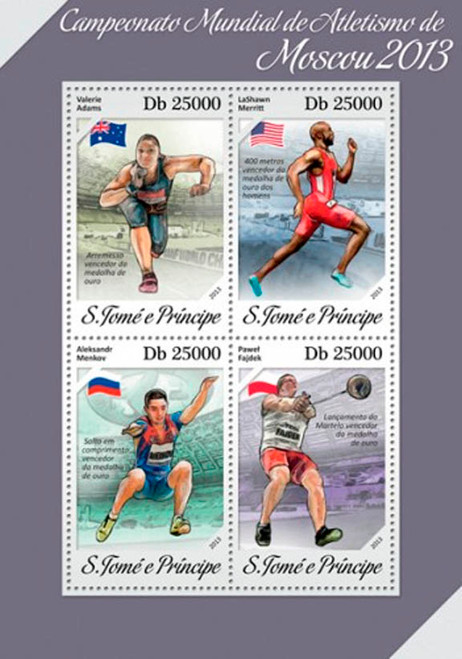 St Thomas 2013 Athletes of IIAF Moscow Mint 4 Stamp Sheet ST13602a