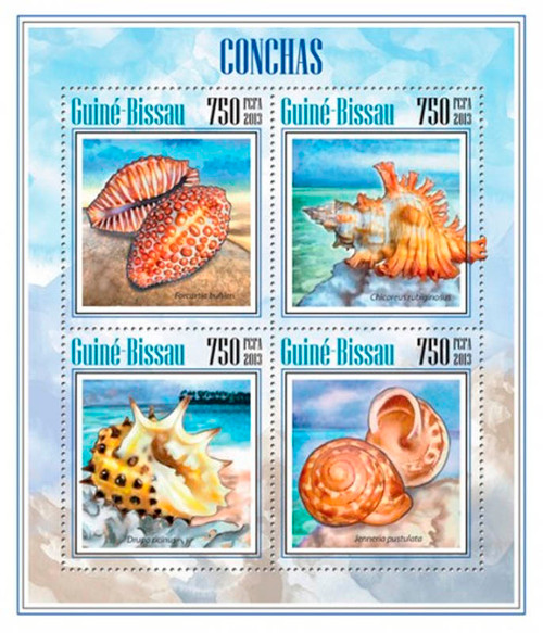 Guinea-Bissau-2013 Molluscs and Sea Shells 4 Stamp Sheet GB13703a