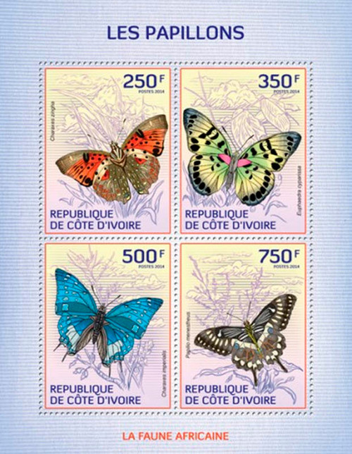 Ivory Coast 2014  Butterflies of Africa 4 Stamp Sheet 9A-241