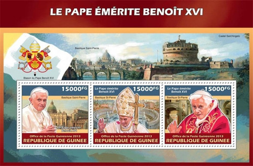 Guinea - 2013 Pope Emeritus Benedict XVI - 3 Stamp Sheet - 7B-2316