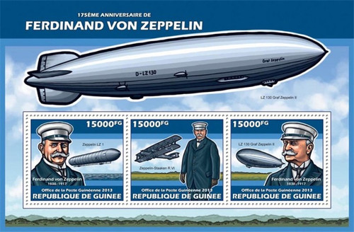 Guinea - 2013 Ferdinand von Zeppelin - 3 Stamp Sheet - 7B-2326