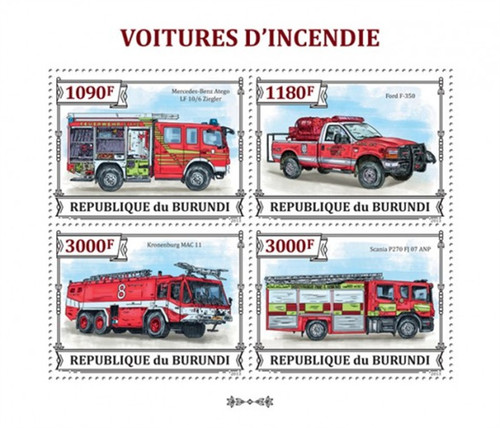 Burundi - 2013 Fire Engines - 4 Stamp Sheet - 2J-575