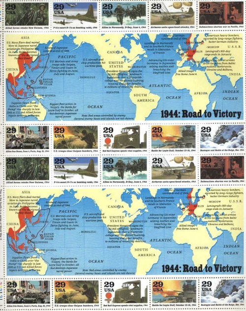 US Stamps - 1994 WW II 1944 Road to Victory - 20 Stamp Sheet - #2838