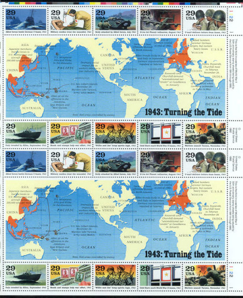 US Stamp - 1993 WW II 1943 Turning the Tide - 20 Stamp Sheet - #2765