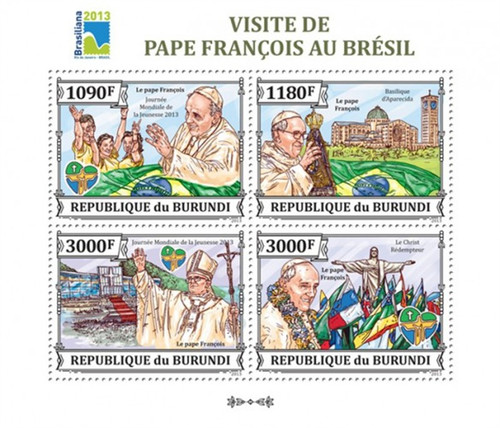 Burundi - 2013 Pope Francis Visits Brazil - 4 Stamp Sheet - 2J-591