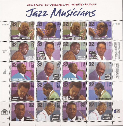 US Stamps - 1995 Jazz Musicians - 20 Stamp Sheet - Scott #2983-92