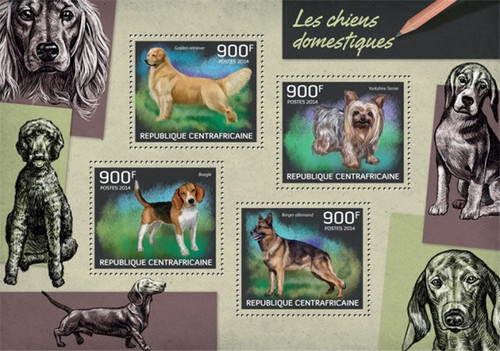 Central Africa - 2014 Dogs on Stamps - 4 Stamp Sheet - 3H-651
