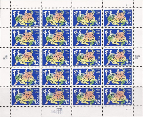 US Stamp - 1997 Ox Chinese New Year - 20 Stamp Sheet - Scott #3120