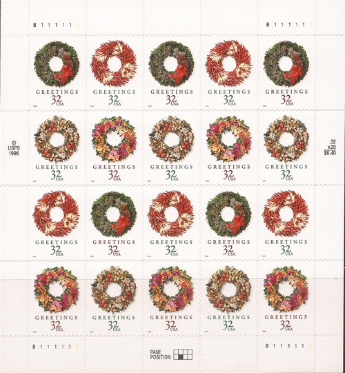 US Stamp - 1998 Christmas Wreaths - 20 Stamp Sheet - Scott #3249-52