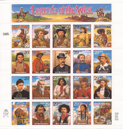 US Stamp - 1994 Legends of the West - 20 Stamp Sheet - Scott #2869