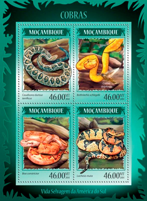 Mozambique 2014 Snakes on Stamps Mint 4 Stamp Sheet 13A-1499