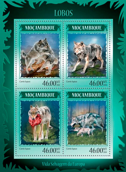Mozambique 2014 Wolves on Stamps MNH 4 Stamp Sheet 13A-1503