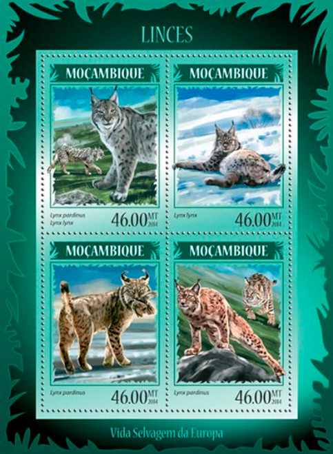 Mozambique 2014 4 Lynxes on Stamps Mint 4 Stamp Sheet 13A-1505