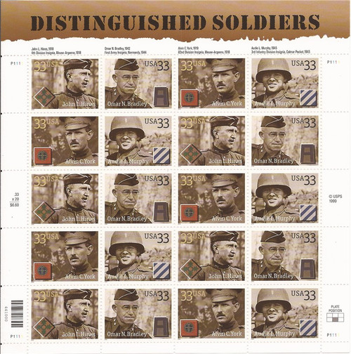 US Stamp - 2000 Distinguished Soldiers - 20 Stamp Sheet #3393-6