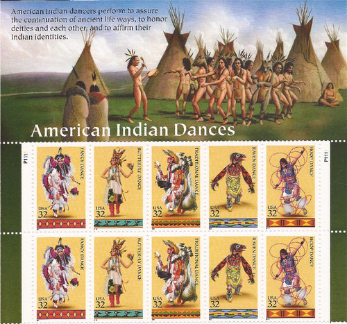 US Stamp - 1996 American Indian Dances - Plate Block 10 Stamps #3072-6