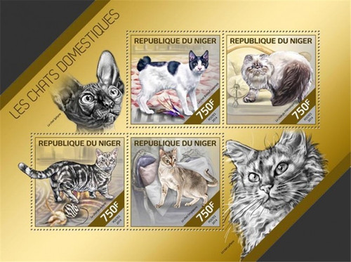 Niger - 2014 Domestic Cats on Stamps - 4 Stamp Sheet - 14A-418