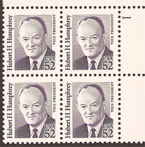 1991 52c Hubert Humphrey Plate Block of 4 Stamps