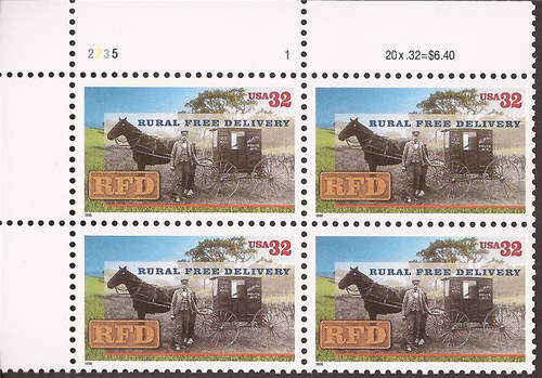 US Stamp 1996 Rural Free Delivery - Plate Block of 4 Stamps #3090