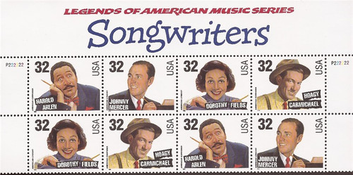 US Stamp 1996 Songwriters - Plate Block of 8 Stamps + Top Label #3100-3