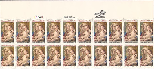 US Stamp - 1982 Christmas Madonna & Child - 20 Stamp Plate Block #2026