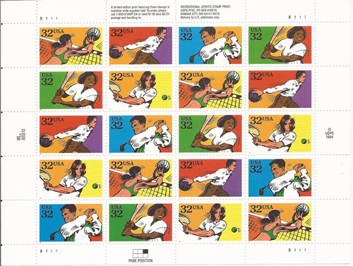 US Stamp - 1995 Recreational Sports - 20 Stamp Sheet - Scott #2961-5