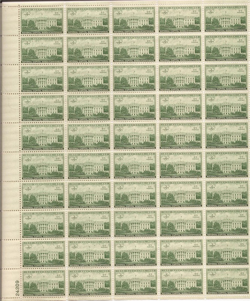 US Stamp - 1950 White House - 50 Stamp Sheet - Scott #990