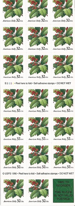 US Stamp - 1997 Christmas Holly - Booklet Pane of 20 Stamps #3177a