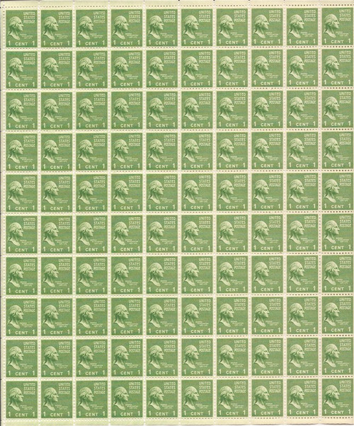 US Stamp - 1938 1c George Washington - 100 Stamp Sheet - Scott #804