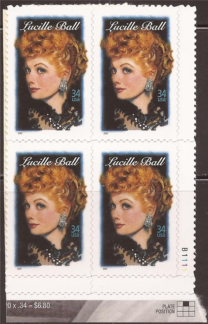 US Stamp - 2001 Lucille Ball - Plate Block of 4 Stamps - Scott #3523