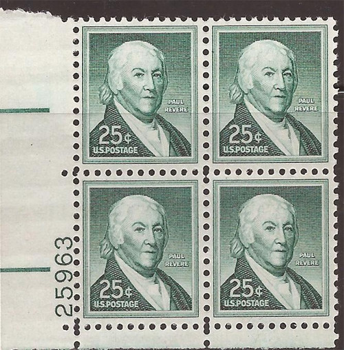 US Stamp - 1958 25c Paul Revere - Plate Block of 4 Stamps #1048 