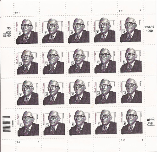 US Stamp - 2000 33c Sen. Claude Pepper - 20 Stamp Sheet - Scott #3426