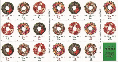 US Stamp - 1998 Christmas Wreaths - Unfolded - BP of 20 Stamps #3252c