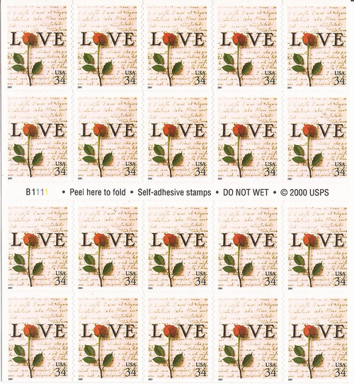 US Stamp - 2001 Love Letters - Booklet Pane of 20 Stamps - Scott #3497