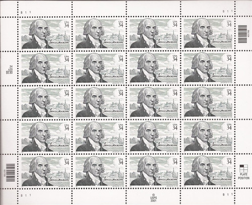 US Stamp - 2001 James Madison - 20 Stamp Sheet - Scott #3545