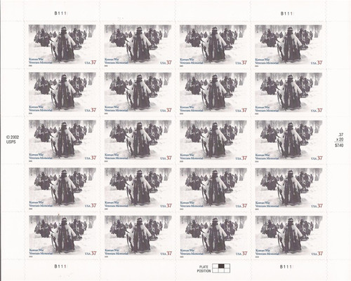 US Stamp - 2003 Korean War Veterans Memorial - 20 Stamp Sheet #3803