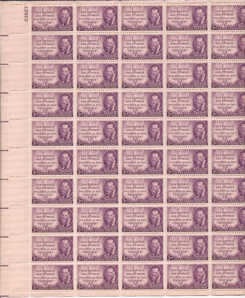 US Stamp - 1947 Joseph Pulitzer - 50 Stamp Sheet - Scott #946