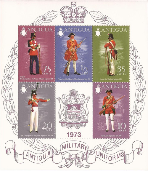 Antigua - 1973 Uniforms - Stamp Souvenir Sheet of 5 Stamps #311a 