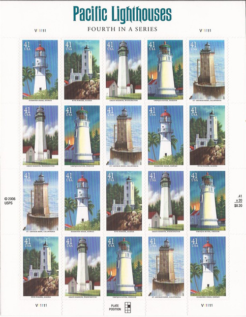 US Stamp - 2007 Pacific Lighthouses - 20 Stamp Sheet -Scott #4146-50