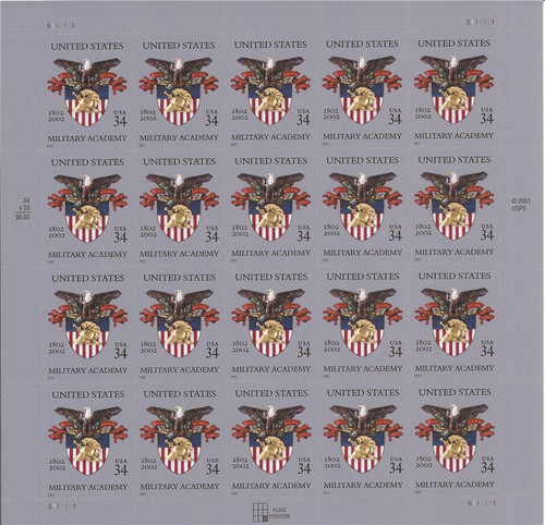 US Stamp - 2002 US Military Academy - 20 Stamp Sheet - Scott #3560